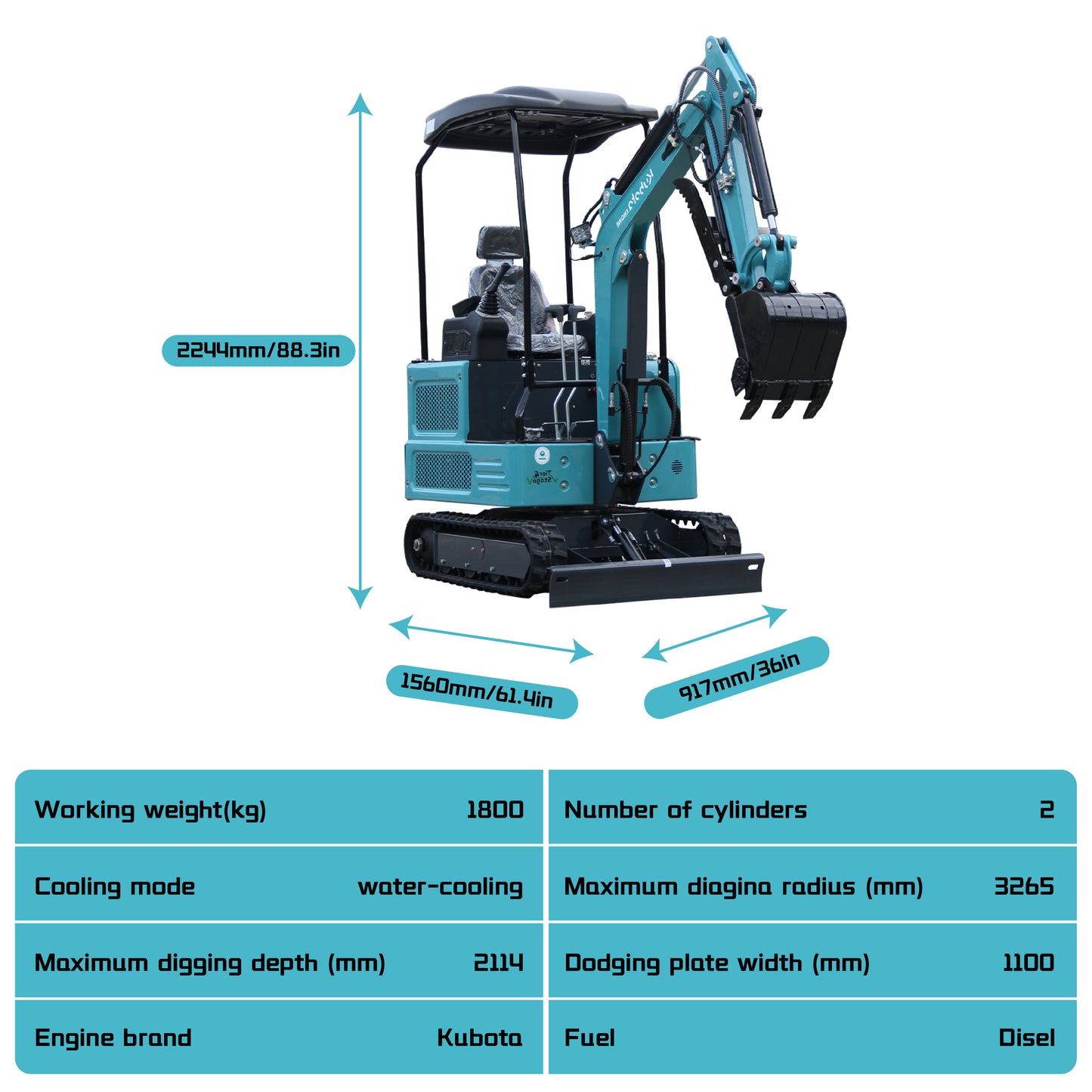 A Mini Excavator 1.8Ton w/Kubota Diesel Engine Hydraulics Digger USA Stock New