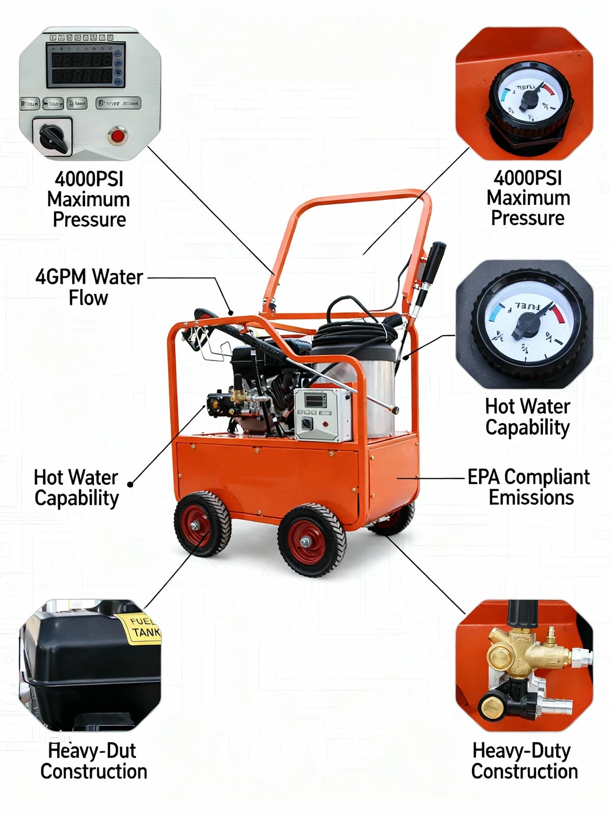 Machpro H4000 Industrial Hot Water Pressure Washer – 4060 PSI, 212°F Diesel High-Temp Cleaner with Briggs & Stratton Engine & Italian AR Pump (Orange)