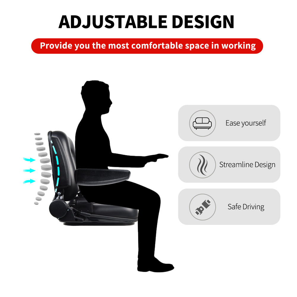 Universal Heavy Duty Forklift Seat – 90° Upright Backrest, Lumbar Support, 6in Slide, Fits Most Standard Forklifts Including Linde, Toyota, Hyster Models (Black)