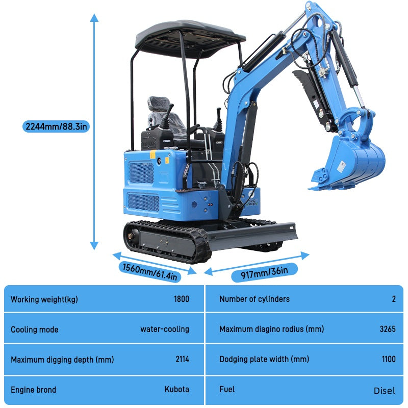 A Mini Excavator 1.8Ton w/Kubota Diesel Engine Hydraulics Digger USA Stock New
