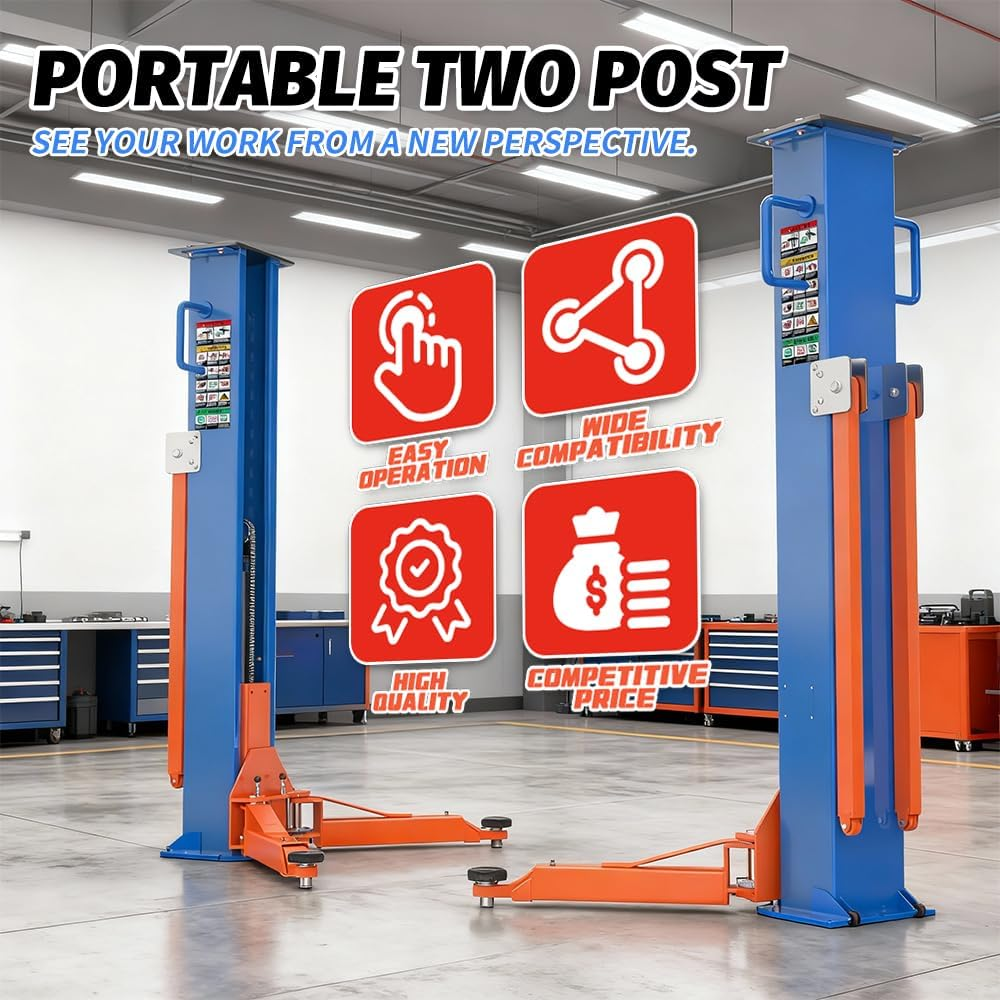 8,000 lbs Portable Two-Post Car Lift – Heavy-Duty Vehicle Hoist with Double S-Column Design & 2.2KW Hydraulic Pump