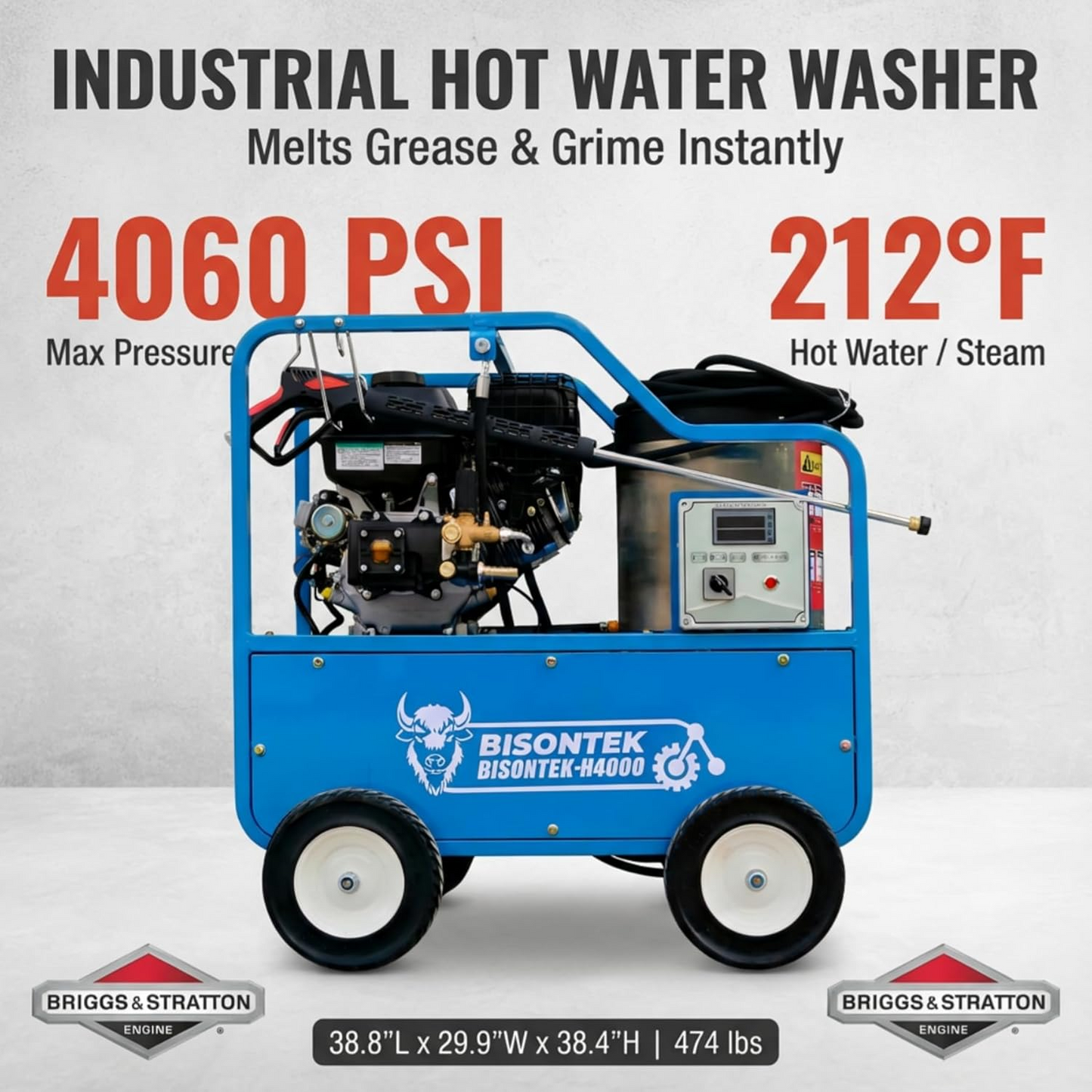 Mach pro H4000 Industrial Hot Water Pressure Washer – 4060 PSI, 212°F Diesel High-Temp Cleaner with Briggs & Stratton Engine & Italian AR Pump (BLUE)