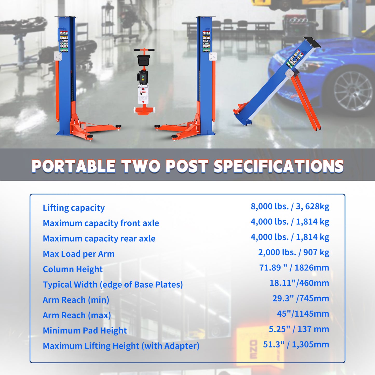 8,000 lbs Portable Two-Post Car Lift – Heavy-Duty Vehicle Hoist with Double S-Column Design & 2.2KW Hydraulic Pump