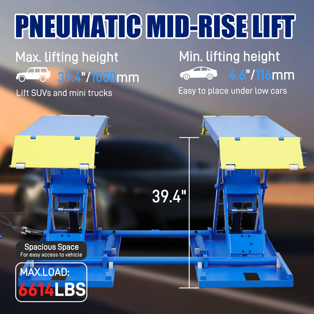 6614 lbs Mid-Rise Scissor Lift for Home Garage - 110V/60Hz Portable Car Lift with Pneumatic Release