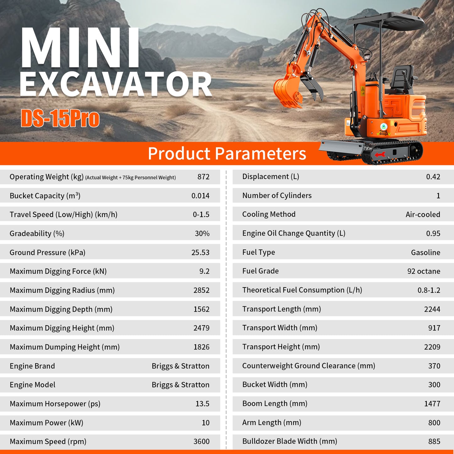 MachPro DS-15Pro 1.2 Ton Mini Excavator – 13.5HP Briggs & Stratton Engine, Pilot Control System, 36" Width for Tight Gates – Includes Bucket, Ripper, Rake & Thumb