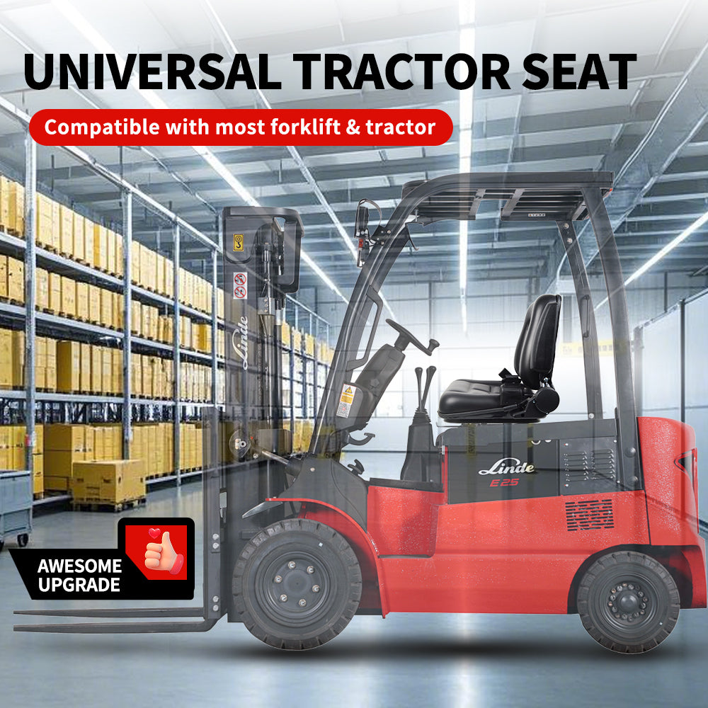 Universal Heavy Duty Forklift Seat – 90° Upright Backrest, Lumbar Support, 6in Slide, Fits Most Standard Forklifts Including Linde, Toyota, Hyster Models (Black)