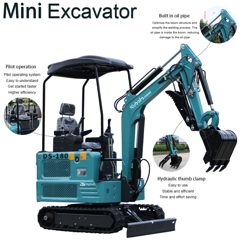 MachPro DS-180 1.8T Mini Excavator with Kubota Diesel Engine – Pilot Control, Hydraulic Thumb, Built-in Boom Pipes, 43" Wide – EPA Certified, Includes 1-Year Parts Warranty & Free Shipping