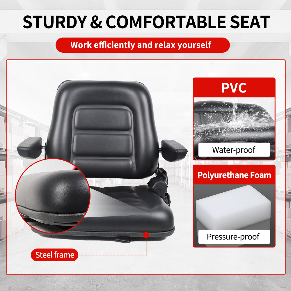 Universal Heavy Duty Forklift Seat – 90° Upright Backrest, Lumbar Support, 6in Slide, Fits Most Standard Forklifts Including Linde, Toyota, Hyster Models (Black)