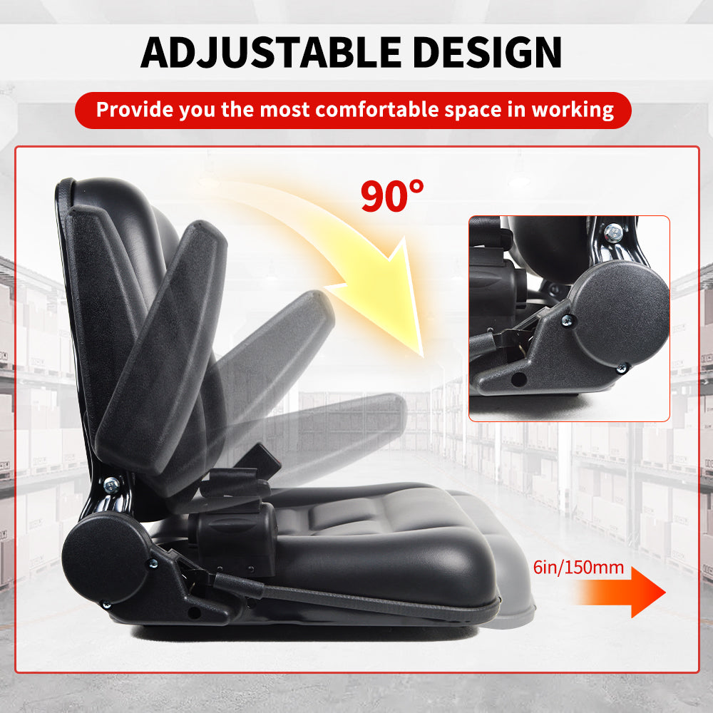 Universal Heavy Duty Forklift Seat – 90° Upright Backrest, Lumbar Support, 6in Slide, Fits Most Standard Forklifts Including Linde, Toyota, Hyster Models (Black)