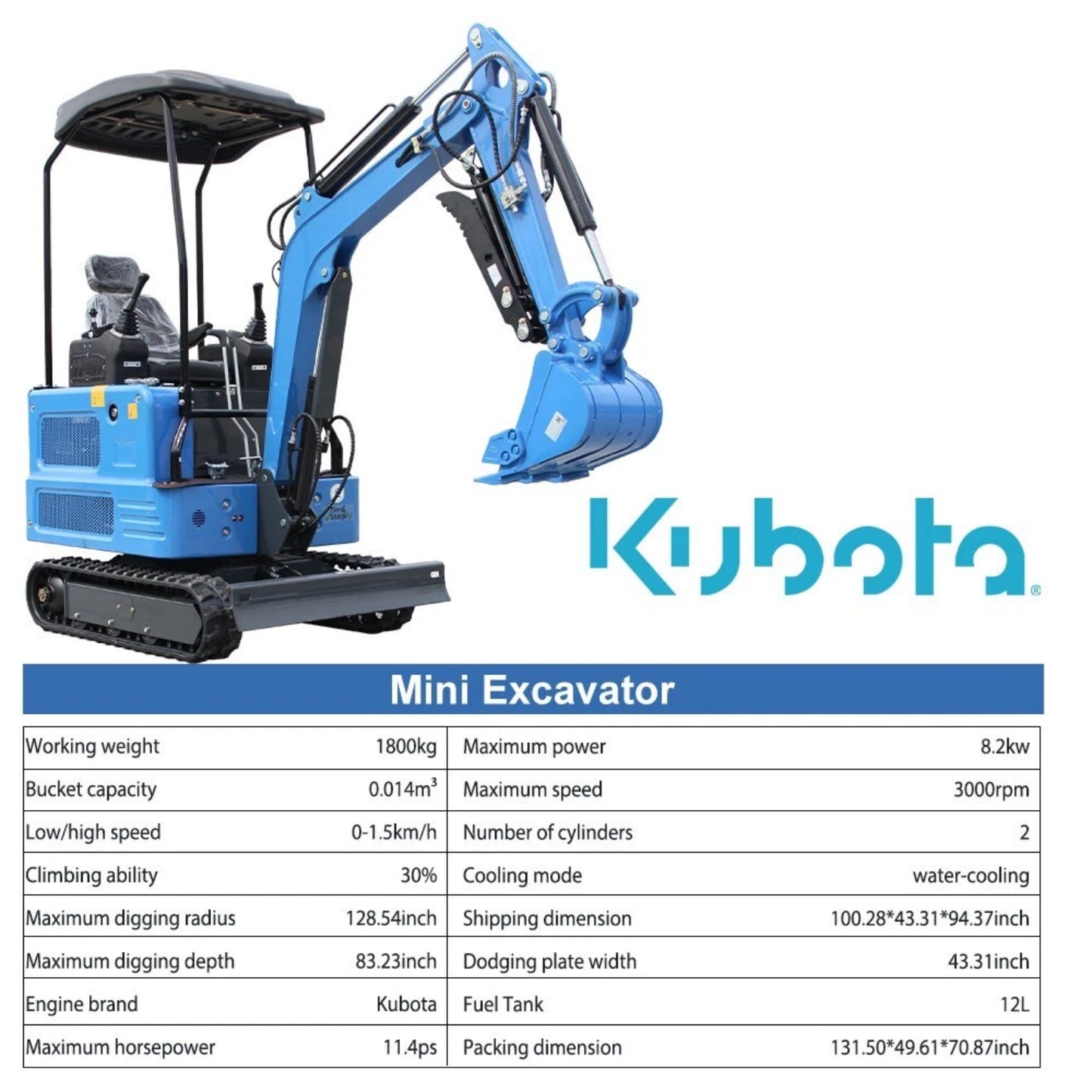 1.8 Ton New Pilot Control KubotaEnigne Diesel Mini Excavator, 2800LBS Dig Force, for Home Garden Digging
